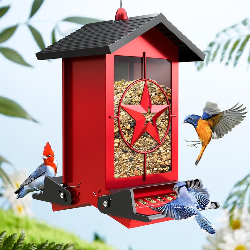 Buteafly Squirrel Proof Bird Feeder for Outdoors Hanging, Metal Wild Bird Seed Feeder with Bilateral Weight-Activated Perches, 5LB Large Capacity Wild Bird Feeders for Outside Finch, Cardinal, Blue Jay - Image 1